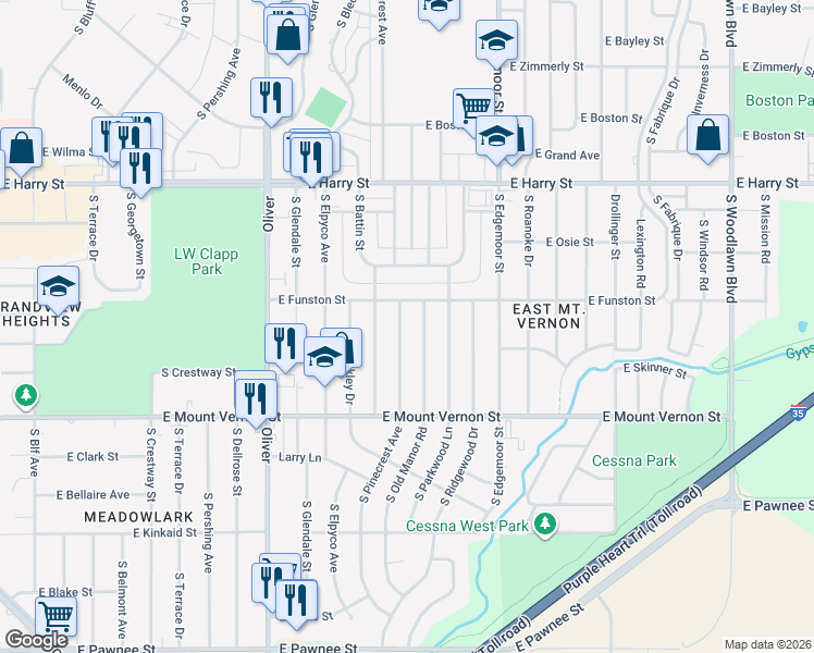 map of restaurants, bars, coffee shops, grocery stores, and more near 1814 S Pinecrest St in Wichita