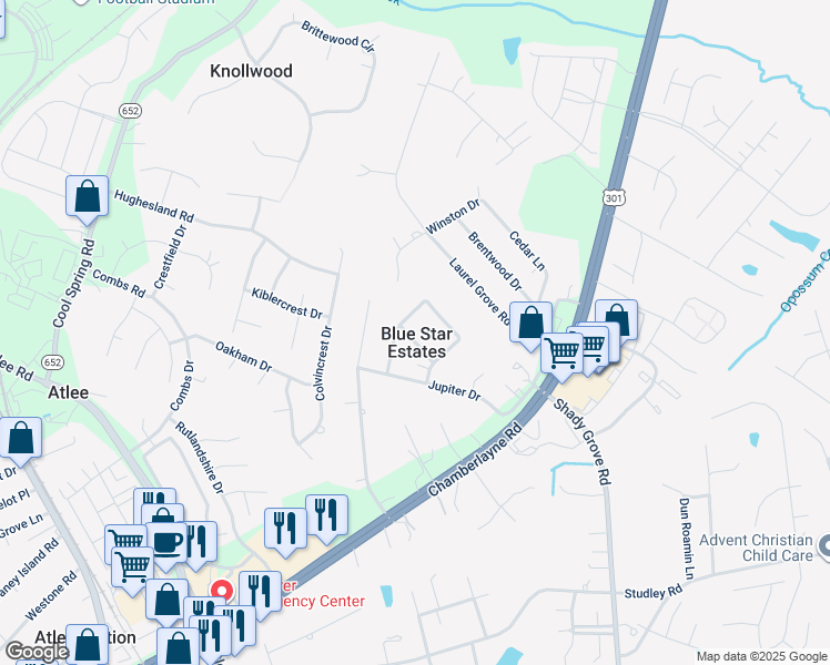 map of restaurants, bars, coffee shops, grocery stores, and more near 9294 Venus Drive in Mechanicsville