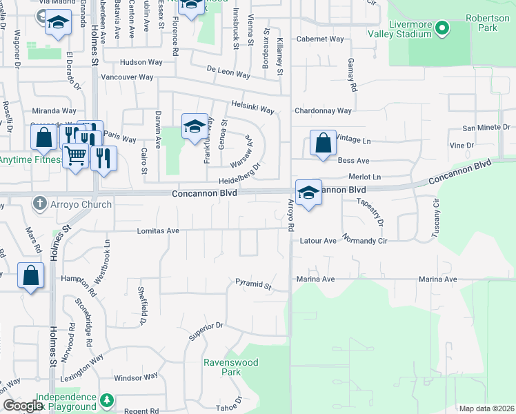 map of restaurants, bars, coffee shops, grocery stores, and more near 1801 Sterling Place in Livermore