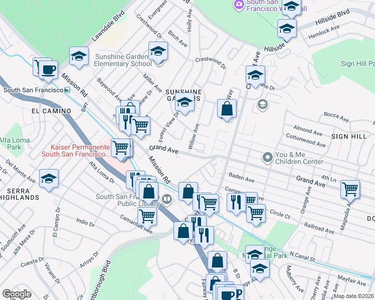 map of restaurants, bars, coffee shops, grocery stores, and more near 1000 Grand Avenue in South San Francisco
