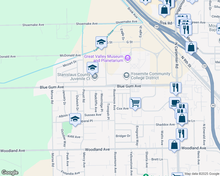 map of restaurants, bars, coffee shops, grocery stores, and more near 2209 Lodgepole Circle in Modesto