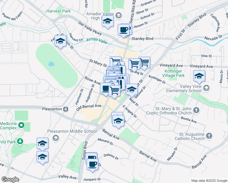 map of restaurants, bars, coffee shops, grocery stores, and more near 99 Neal Street in Pleasanton