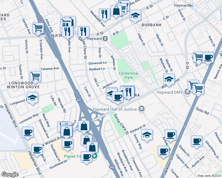 map of restaurants, bars, coffee shops, grocery stores, and more near 306 Jerilynn Lane in Hayward