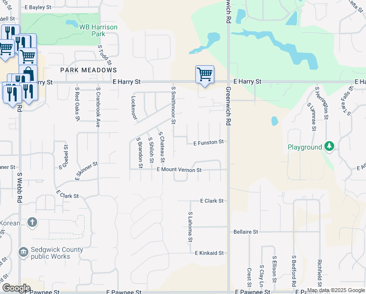 map of restaurants, bars, coffee shops, grocery stores, and more near 10825 East Funston Court in Wichita