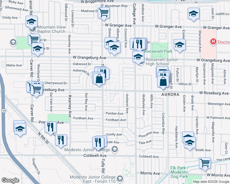 map of restaurants, bars, coffee shops, grocery stores, and more near 1225 West Roseburg Avenue in Modesto