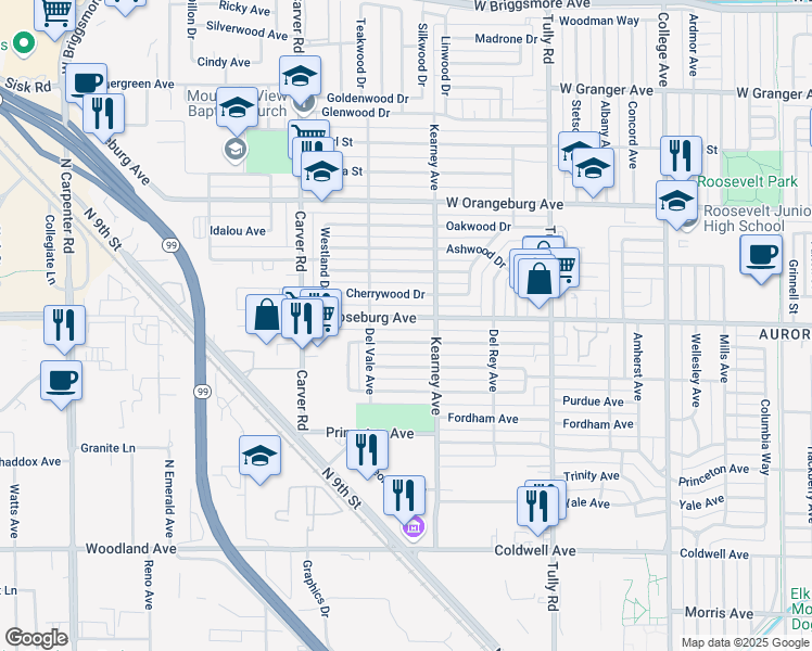 map of restaurants, bars, coffee shops, grocery stores, and more near 1529 West Roseburg Avenue in Modesto