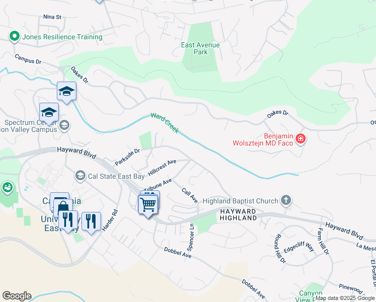 map of restaurants, bars, coffee shops, grocery stores, and more near 26420 Parkside Drive in Hayward