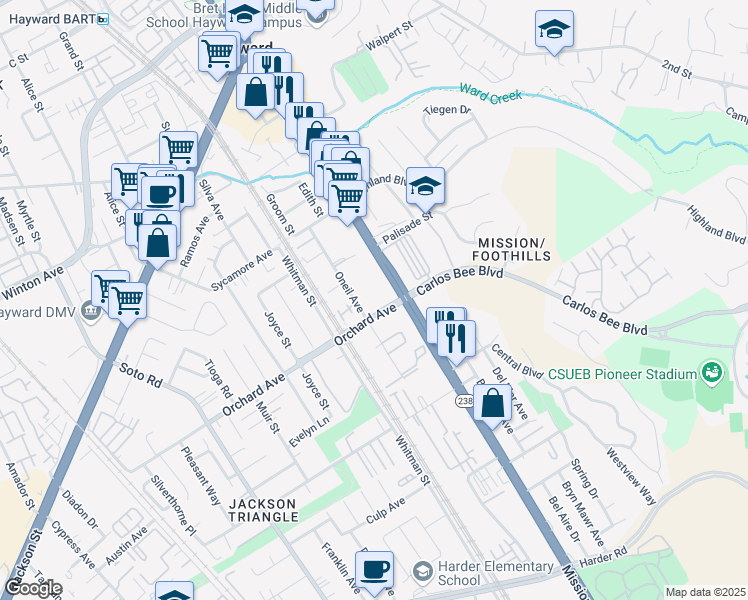 map of restaurants, bars, coffee shops, grocery stores, and more near 24778 Oneil Avenue in Hayward