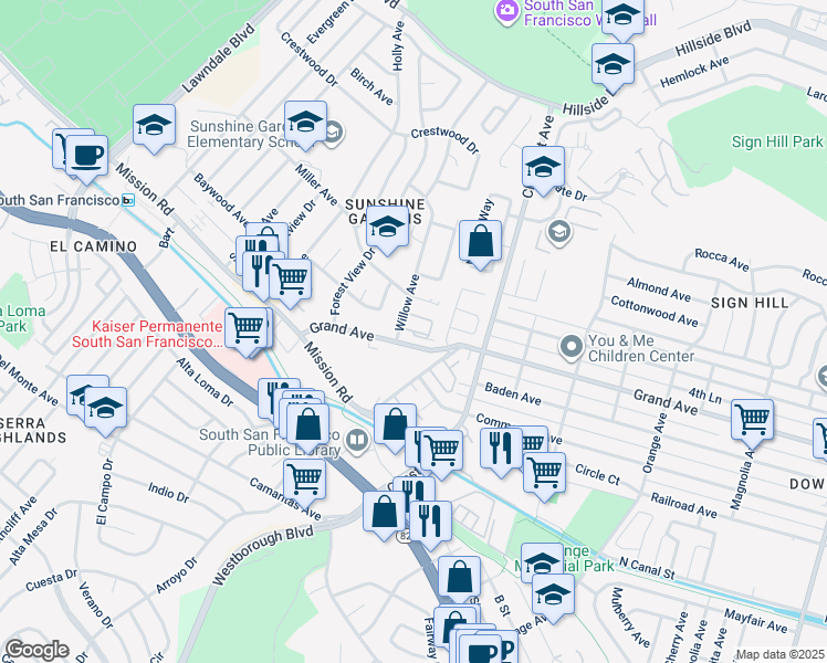 map of restaurants, bars, coffee shops, grocery stores, and more near 733 Marcie Circle in South San Francisco