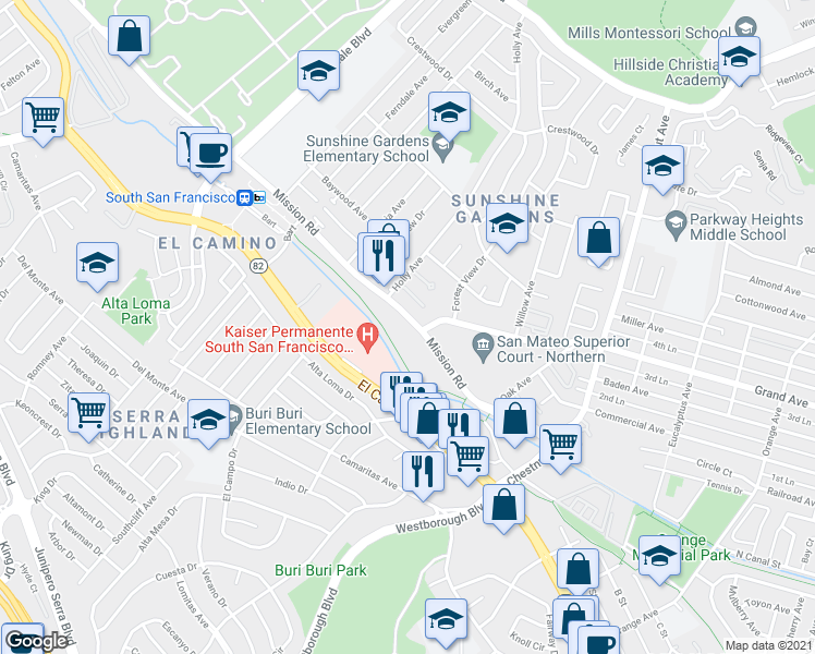 map of restaurants, bars, coffee shops, grocery stores, and more near 1110 Mission Road in South San Francisco