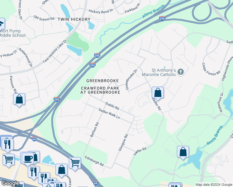 map of restaurants, bars, coffee shops, grocery stores, and more near 4613 Brookemere Drive in Glen Allen