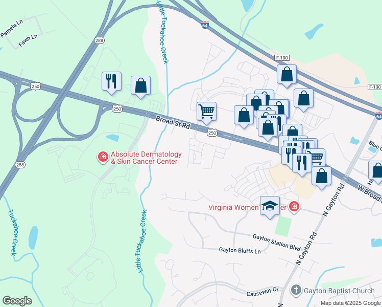 map of restaurants, bars, coffee shops, grocery stores, and more near 12401 West Broad Street in Richmond