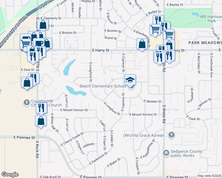 map of restaurants, bars, coffee shops, grocery stores, and more near 8904 East Funston Court in Wichita