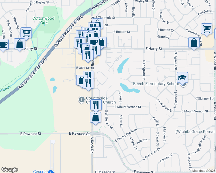 map of restaurants, bars, coffee shops, grocery stores, and more near 1813 S White Oak Cir in Wichita