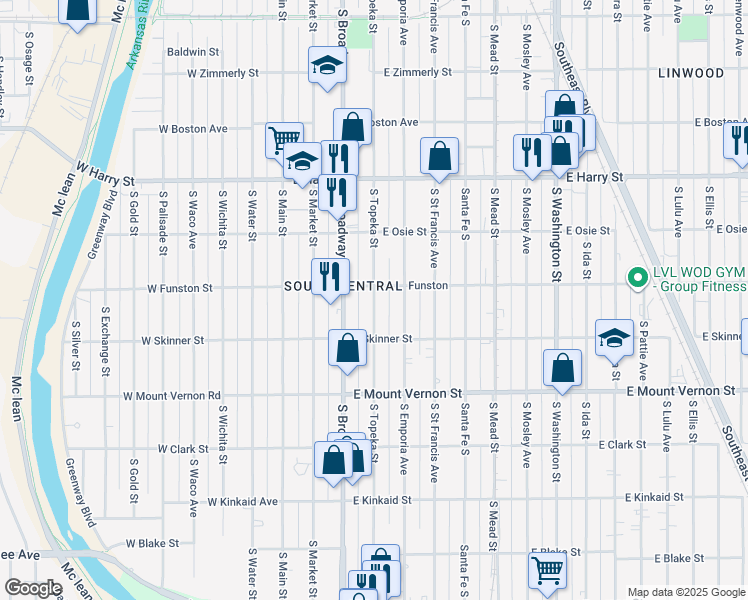 map of restaurants, bars, coffee shops, grocery stores, and more near 451-499 East Funston Street in Wichita