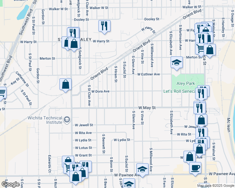 map of restaurants, bars, coffee shops, grocery stores, and more near 2011 Dora Street in Wichita