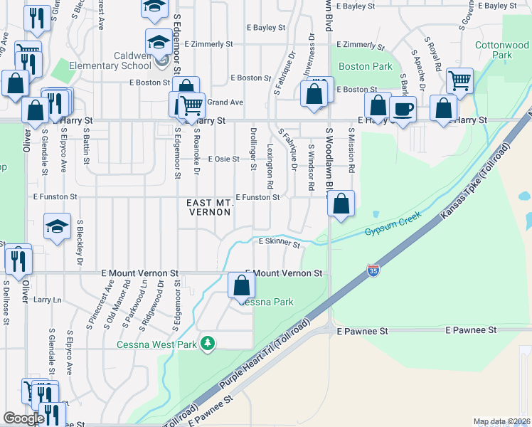 map of restaurants, bars, coffee shops, grocery stores, and more near 1813 South Lexington Road in Wichita