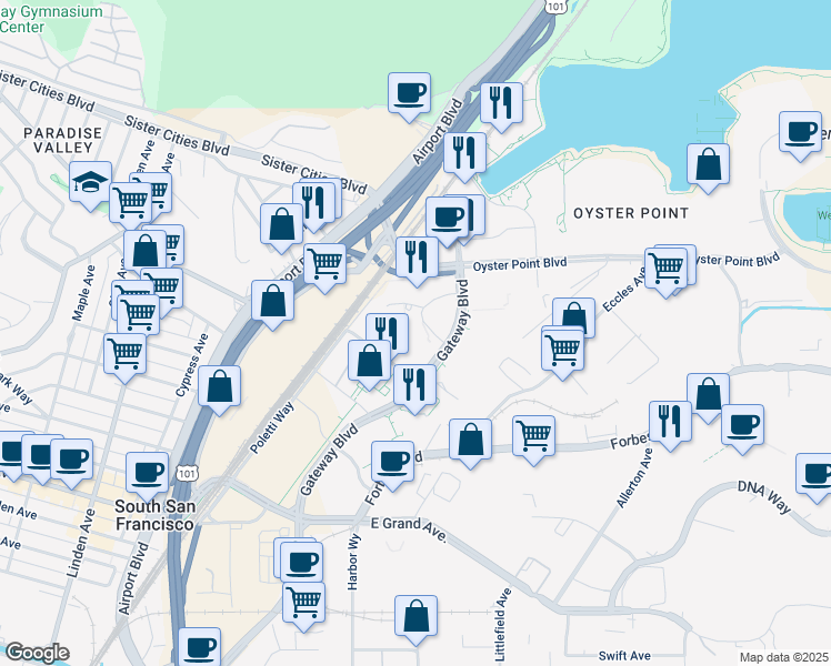 map of restaurants, bars, coffee shops, grocery stores, and more near 701 Gateway Boulevard in South San Francisco