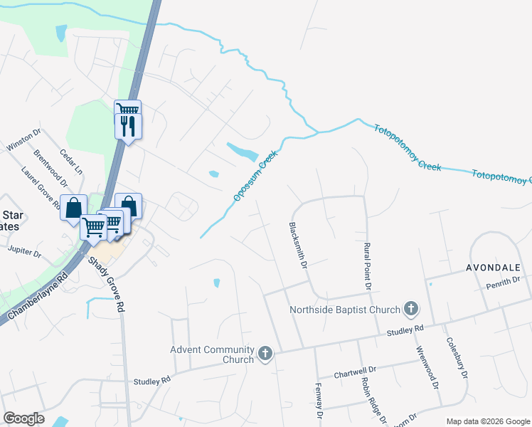 map of restaurants, bars, coffee shops, grocery stores, and more near 9303 Swannanoa Trail in Mechanicsville
