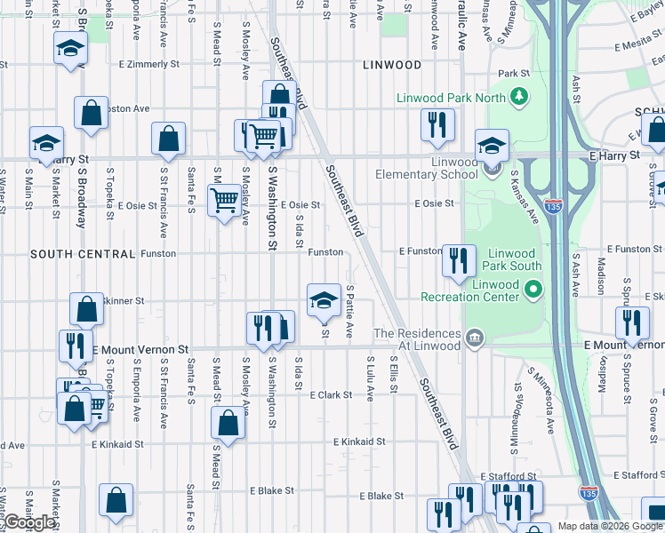 map of restaurants, bars, coffee shops, grocery stores, and more near 1803 South Pattie Street in Wichita