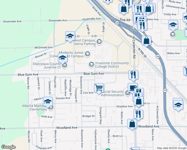 map of restaurants, bars, coffee shops, grocery stores, and more near 2000 Blue Gum Avenue in Modesto