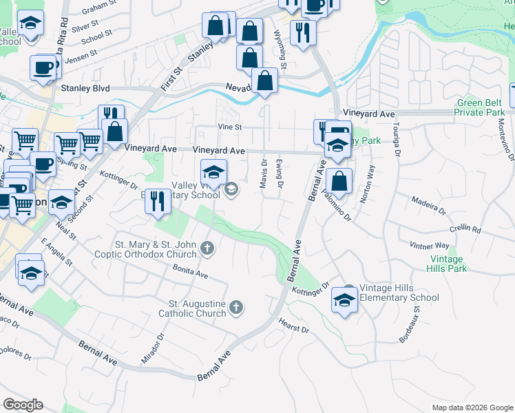 map of restaurants, bars, coffee shops, grocery stores, and more near 529 Gerard Court in Pleasanton