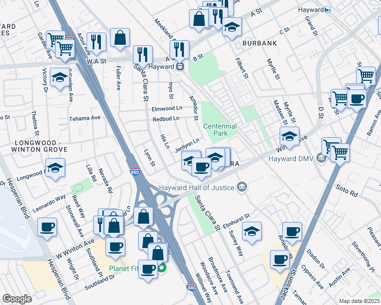 map of restaurants, bars, coffee shops, grocery stores, and more near 319 Ocie Way in Hayward