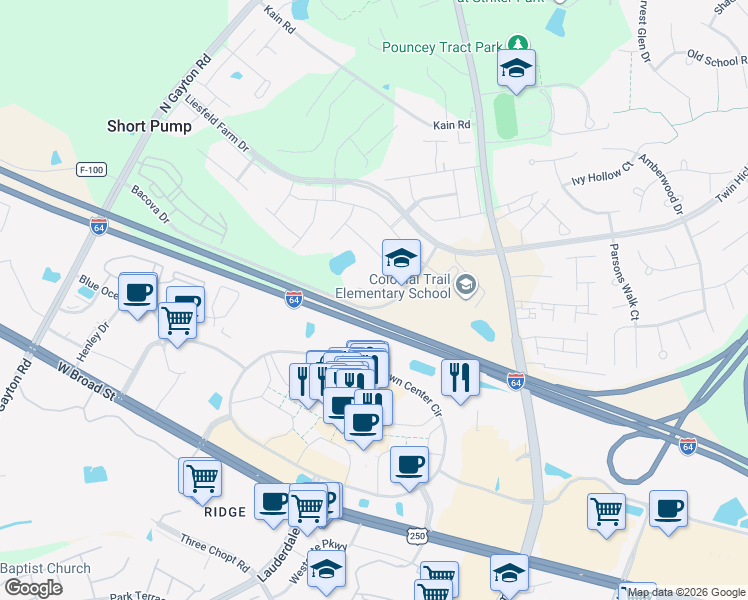 map of restaurants, bars, coffee shops, grocery stores, and more near 4521 Mary Jane Terrace in Glen Allen