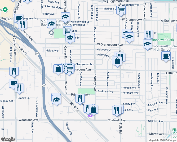 map of restaurants, bars, coffee shops, grocery stores, and more near 1529 West Roseburg Avenue in Modesto