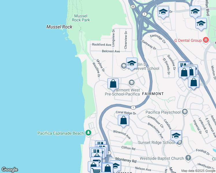 map of restaurants, bars, coffee shops, grocery stores, and more near 5017 Palmetto Avenue in Pacifica