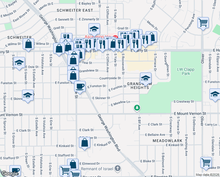 map of restaurants, bars, coffee shops, grocery stores, and more near 1801 South Clifton Avenue in Wichita