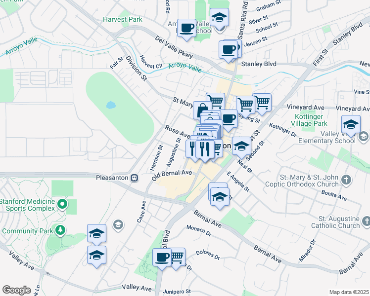 map of restaurants, bars, coffee shops, grocery stores, and more near 257 West Angela Street in Pleasanton