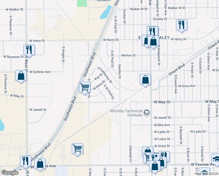 map of restaurants, bars, coffee shops, grocery stores, and more near 1925 Catherine Street in Wichita