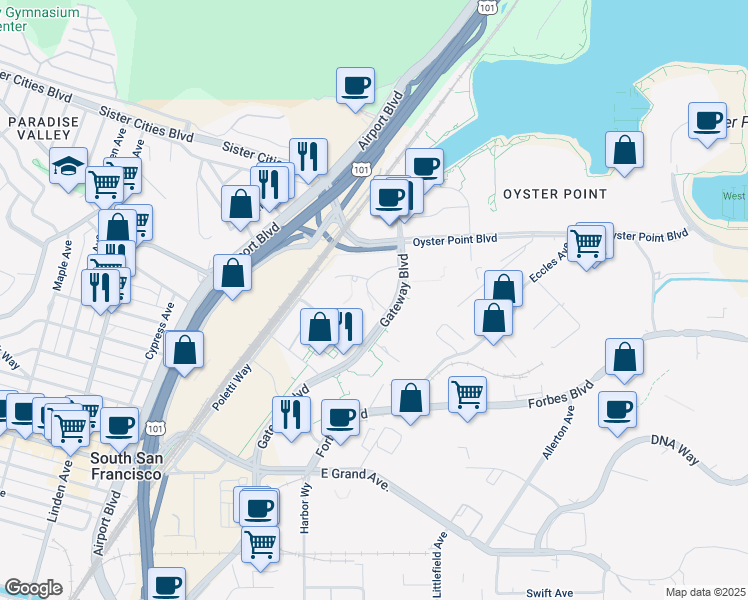 map of restaurants, bars, coffee shops, grocery stores, and more near 701 Gateway Boulevard in South San Francisco