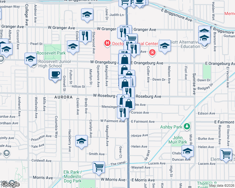 map of restaurants, bars, coffee shops, grocery stores, and more near 207 West Roseburg Avenue in Modesto