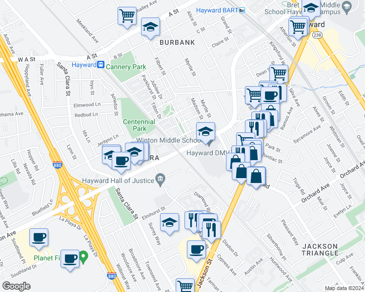 map of restaurants, bars, coffee shops, grocery stores, and more near 1163 Martin Luther King Drive in Hayward