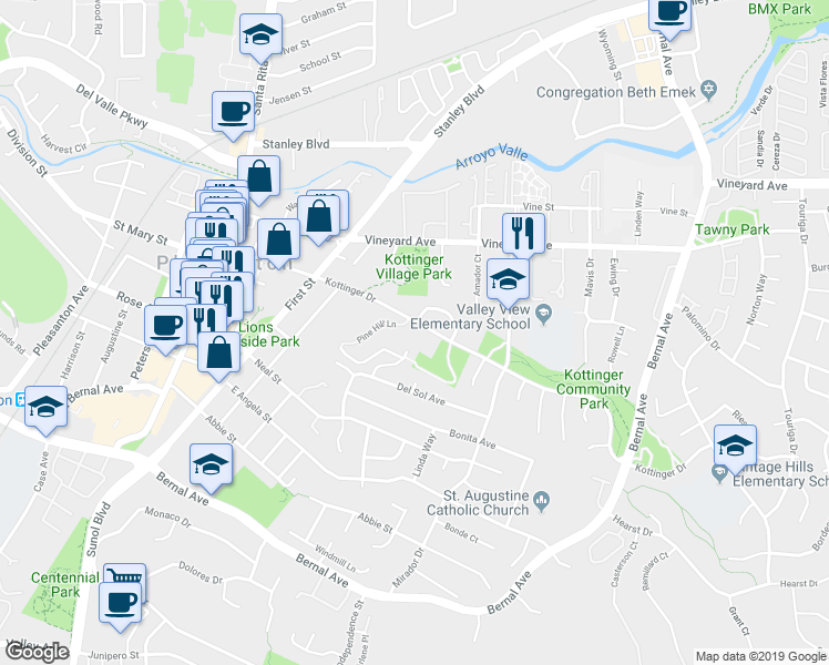 map of restaurants, bars, coffee shops, grocery stores, and more near 445 Kottinger Dr in Pleasanton