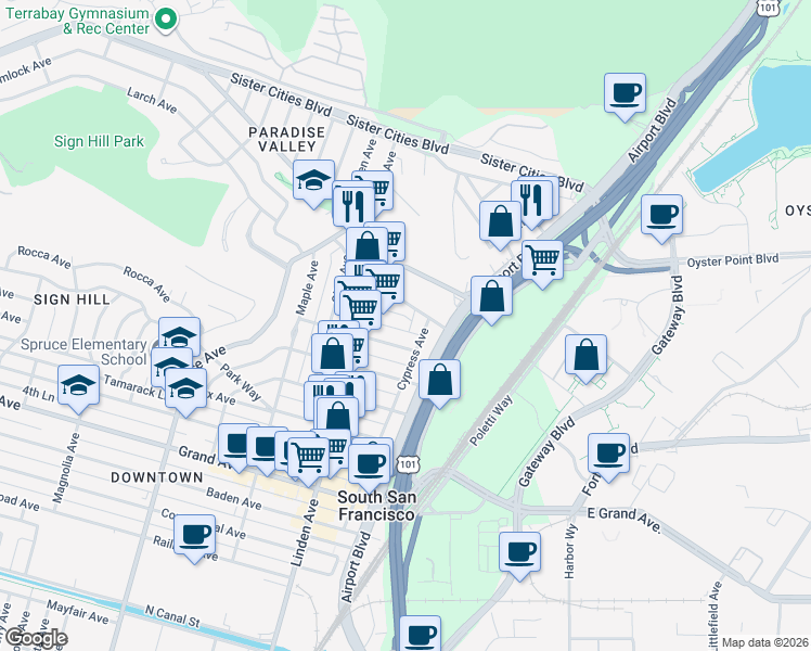 map of restaurants, bars, coffee shops, grocery stores, and more near 214 Juniper Avenue in South San Francisco