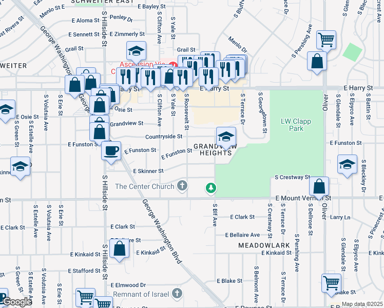 map of restaurants, bars, coffee shops, grocery stores, and more near 3807 East Funston Street in Wichita