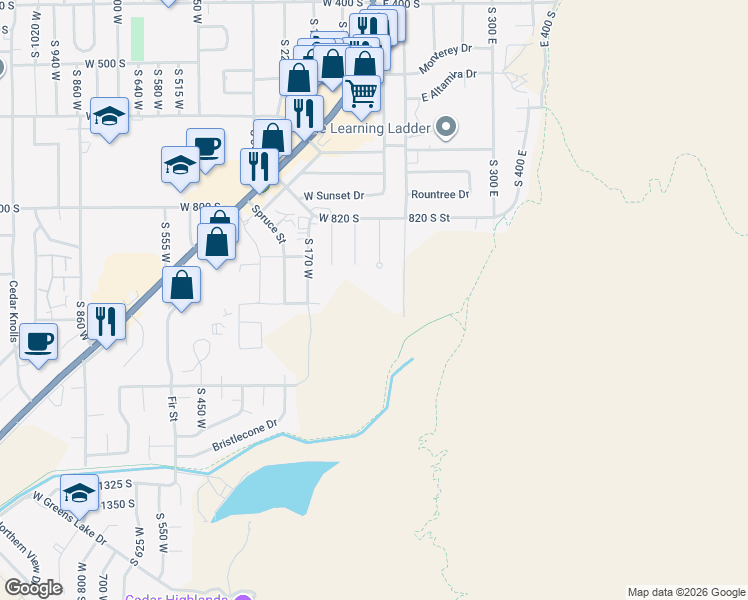 map of restaurants, bars, coffee shops, grocery stores, and more near South 75 East in Cedar City