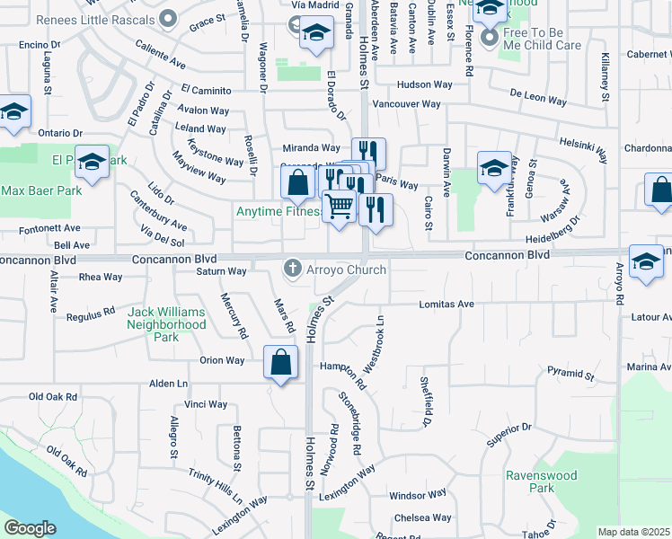map of restaurants, bars, coffee shops, grocery stores, and more near 1135 Concannon Boulevard in Livermore