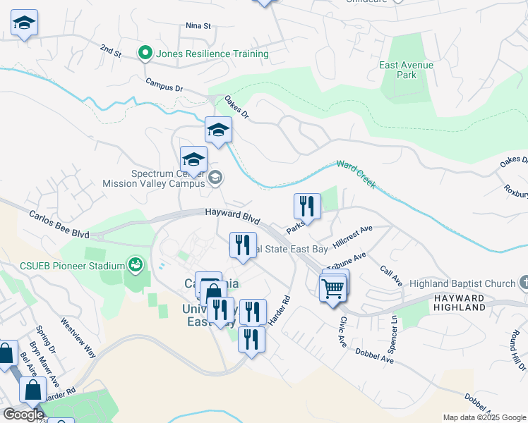 map of restaurants, bars, coffee shops, grocery stores, and more near 25836 Hayward Boulevard in Hayward