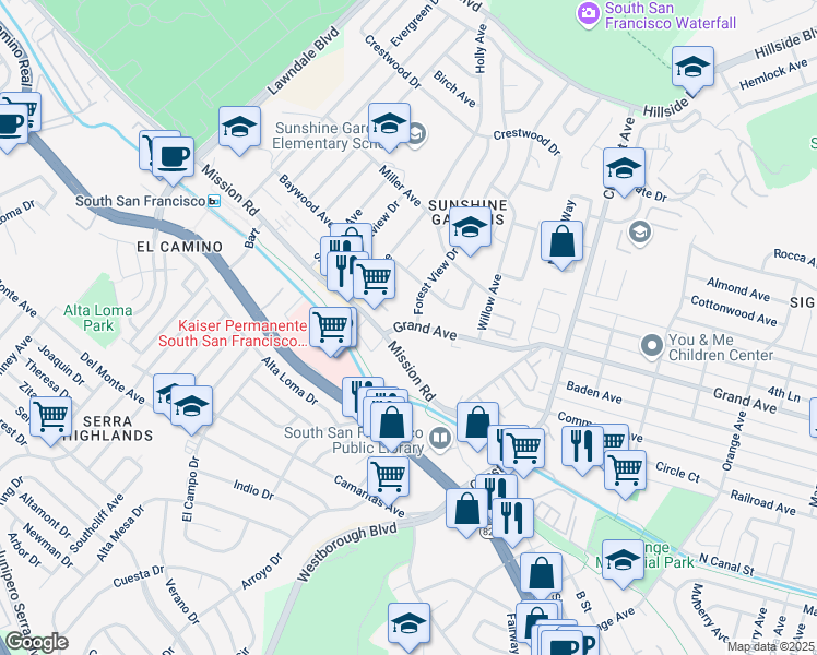 map of restaurants, bars, coffee shops, grocery stores, and more near 1056 Grand Avenue in South San Francisco