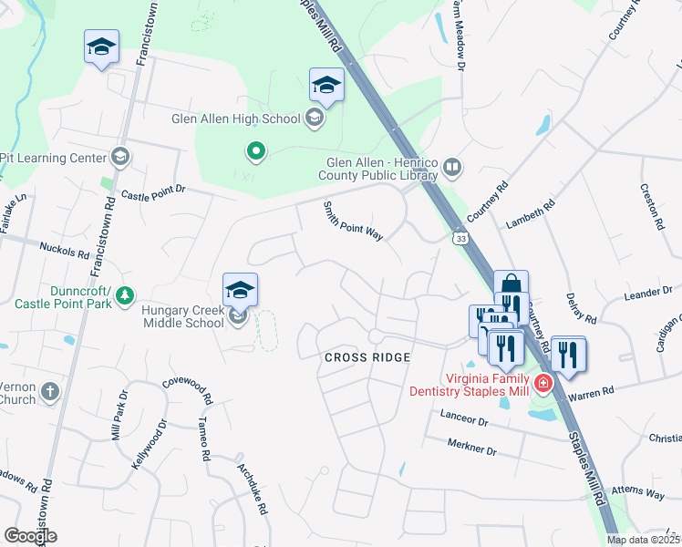 map of restaurants, bars, coffee shops, grocery stores, and more near 3613 Corrotoman Road in Glen Allen