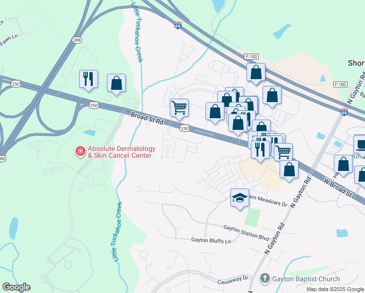 map of restaurants, bars, coffee shops, grocery stores, and more near 12401 West Broad Street in Richmond