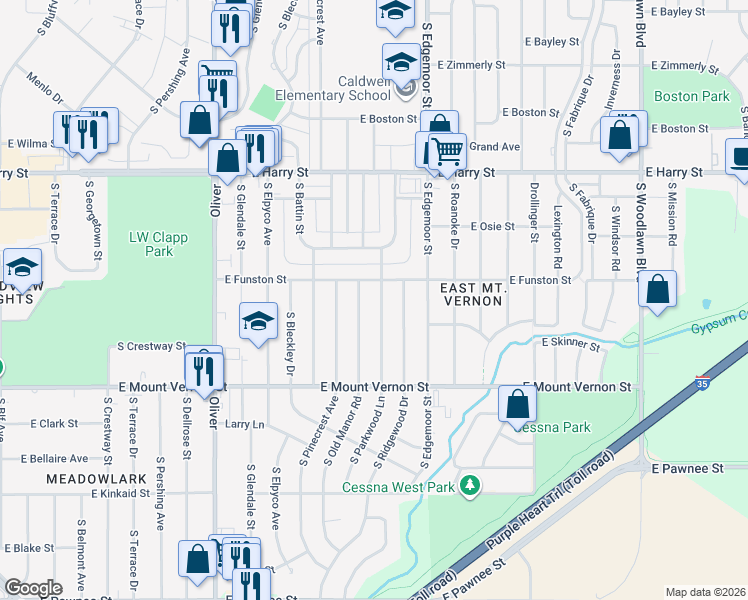 map of restaurants, bars, coffee shops, grocery stores, and more near 1815 South Parkwood Lane in Wichita