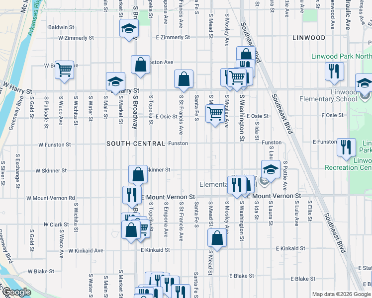 map of restaurants, bars, coffee shops, grocery stores, and more near 1803 Santa Fe South in Wichita