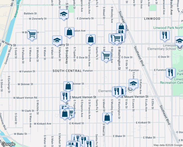 map of restaurants, bars, coffee shops, grocery stores, and more near 1803 Santa Fe South in Wichita