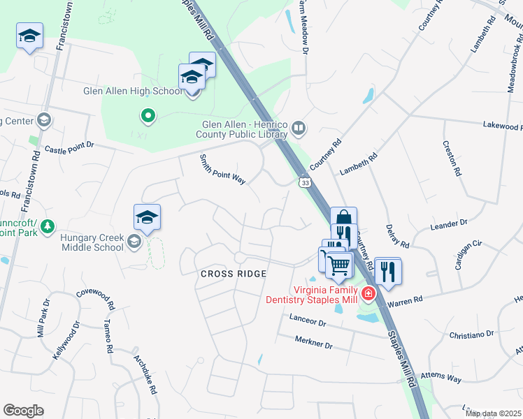 map of restaurants, bars, coffee shops, grocery stores, and more near 3510 Bohannon Drive in Glen Allen