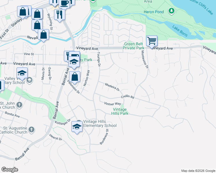 map of restaurants, bars, coffee shops, grocery stores, and more near 857 Madeira Drive in Pleasanton